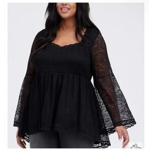 Torrid Black Lace Babydoll Sheer Flare Sleeve Top Whimsigoth Witchy 1X